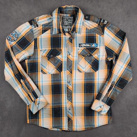 Affliction Black Premium Buckle Western Shirt Mens XL Slim Orange Black Plaid - Picture 2 of 11